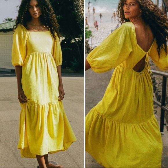 BILLABONG Dream Chaser Maxi Yellow Open Back Puff Sleeve Dress Medium - Picture 1 of 9